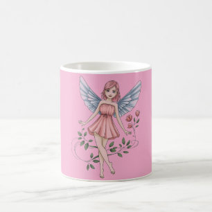 Fairy Illustration with Pink Dress and Wings Coffee Mug