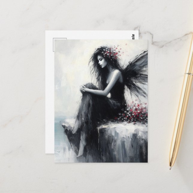 Fairy in a black dress sitting on cliff edge postcard (Front/Back In Situ)