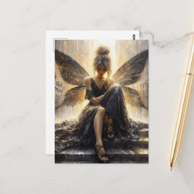 Fairy in a black dress sitting on stairs postcard (Front/Back In Situ)