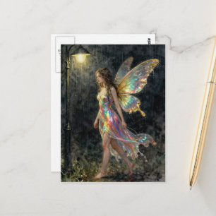 Fairy in a colorful dress in the night rain postcard