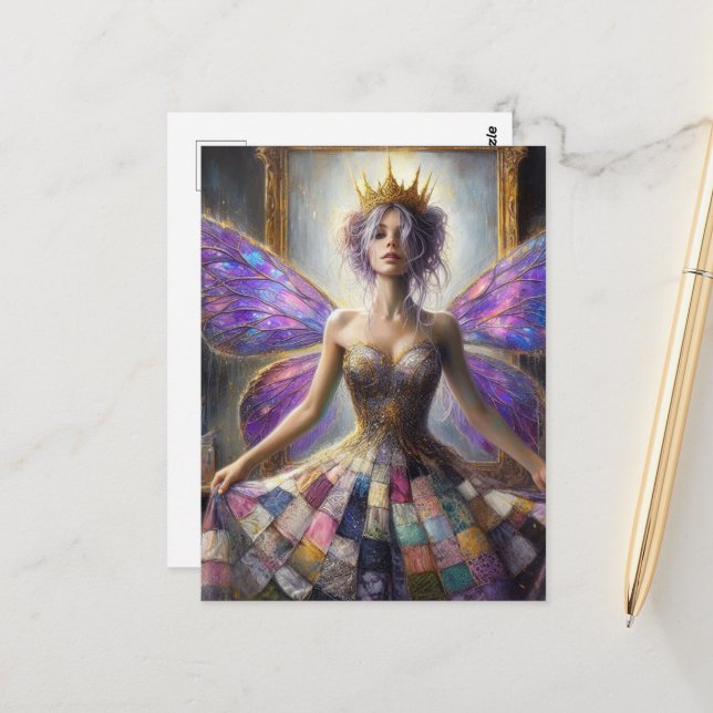 Fairy in a Quilted Dress Posing at Mirror  Postcard (Front/Back In Situ)