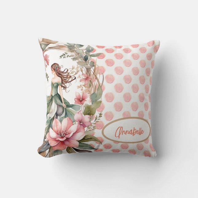 Fairy in Botanical Frame Throw Pillow (Front)