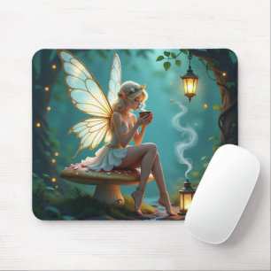Fairy in Enchanted Forest Drinking Coffee Mouse Pad