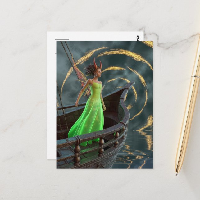 Fairy in Green Dress on a Boat with Red Horns Postcard (Front/Back In Situ)