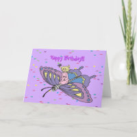 Fairy in Pink Flying on Butterfly birthday card