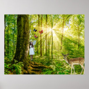 Fairy in the magic forest with Bambi and butterfly Poster