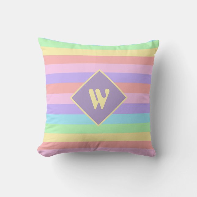 Fairy Kei Pastel Rainbow Striped Monogram Cushion (Front)