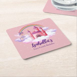Fairy Kid's Birthday Fairytale Castle Rainbow Square Paper Coaster