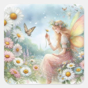 Fairy land with flowers watercolor square sticker