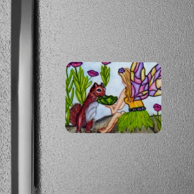 Fairy Leaves Squirrel Stained Glass Wings Magnet (Fairy stained glass wings sharing drink with squirrel flowers on rectangular magnet.)