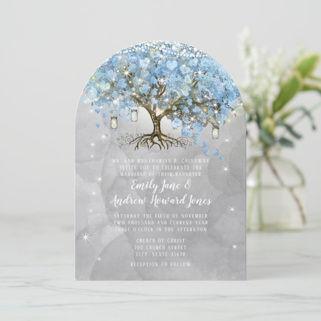 Fairy Lights Blue Heart Leaf Tree Watercolor Invitation (Standing Front)