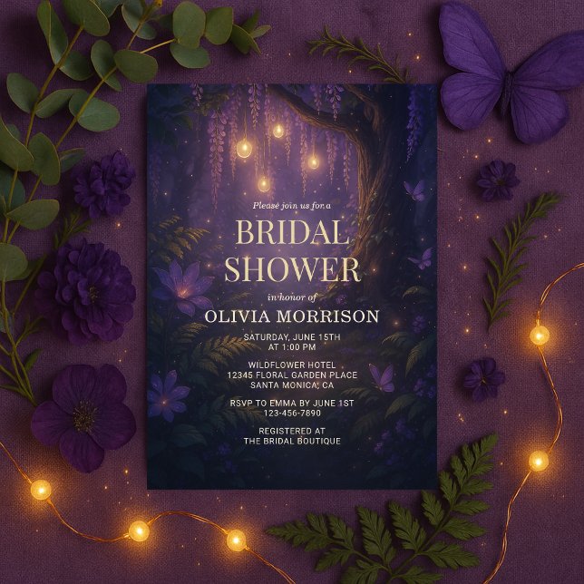 Fairy Lights Enchanted Forest Purple Bridal Shower Invitation (Creator Uploaded)
