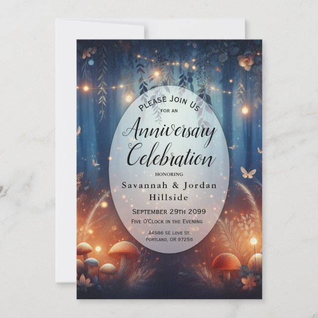 Fairy Lights in a Moonlit Forest Anniversary Party Invitation (Front)