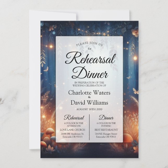 Fairy Lights in a Moonlit Forest Rehearsal Dinner Invitation (Front)