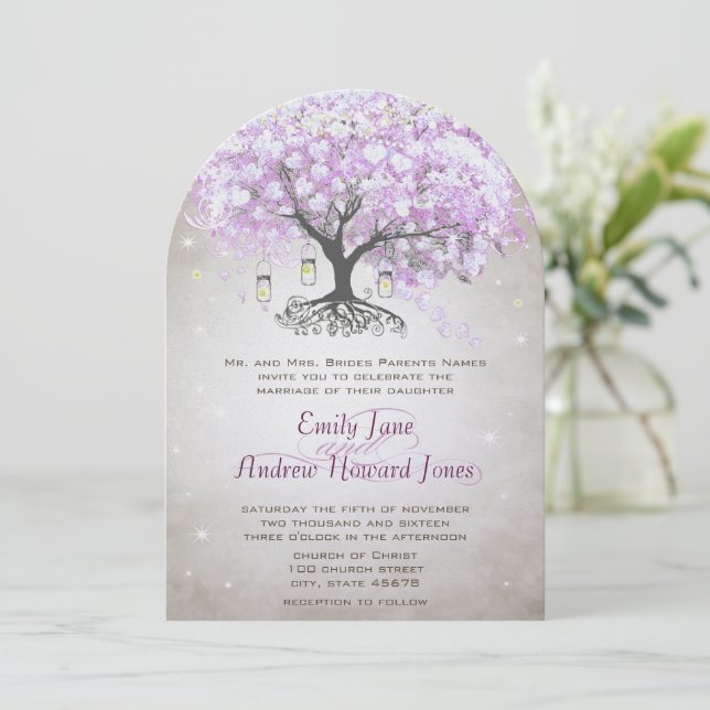 Fairy Lights Mason Jar Lavender Leaf Tree Wedding Invitation (Standing Front)