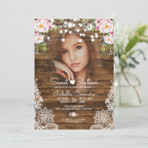Fairy Lights Wood Floral and Lace Sweet 16 Party Invitation