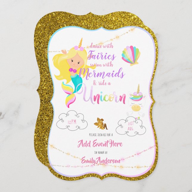 Fairy Mermaid Unicorn Invitations Gold Glitter (Front/Back)