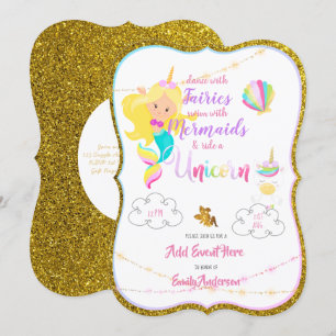 Fairy Mermaid Unicorn Invitations Gold Glitter