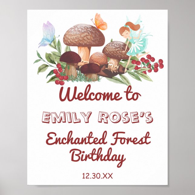 Fairy Mushroom Butterfly Enchanted Forest Birthday Poster (Front)