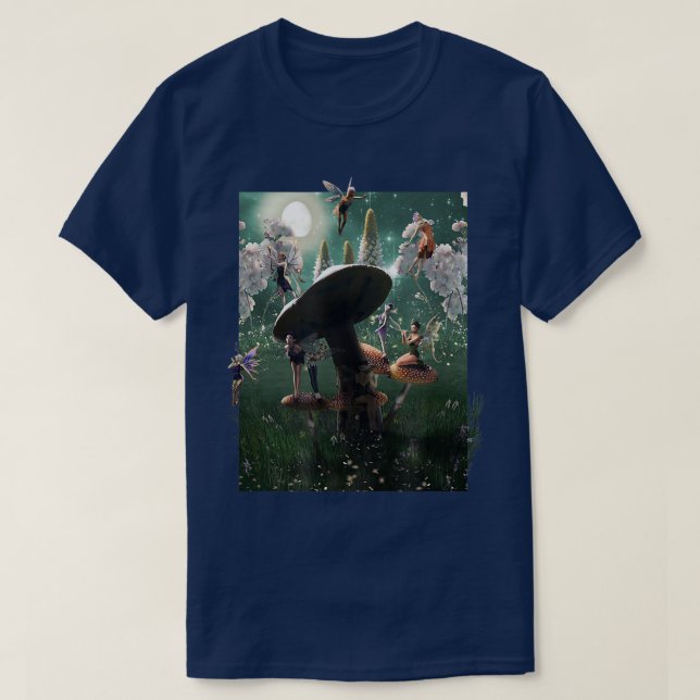 Fairy Mushroom, Fairies And Mushrooms Under Moon  T-Shirt (Design Front)