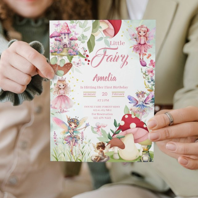 Fairy Mushroom Fairytale Magical Birthday Pink Invitation (fairy garden 1st birthday invitations girl fairies magical baby for her enchanted forest party)