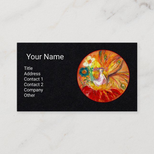 FAIRY OF FLOWERS  MONOGRAM Red Yelllow Black Paper Business Card (Front)