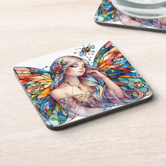 Fairy of Light Stained Glass-Inspired Fantasy Art Coaster (Left Side)