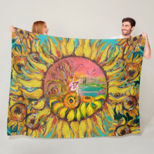 FAIRY OF SUNFLOWERS PLAYING LYRA Fantasy Floral Fleece Blanket