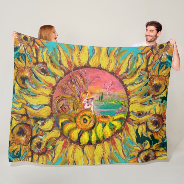 FAIRY OF SUNFLOWERS PLAYING LYRA Fantasy Floral Fleece Blanket (In Situ)