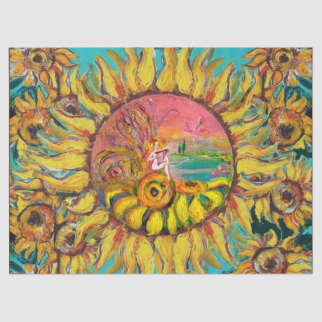 FAIRY OF SUNFLOWERS PLAYING LYRA Fantasy Floral Tissue Paper (Front)