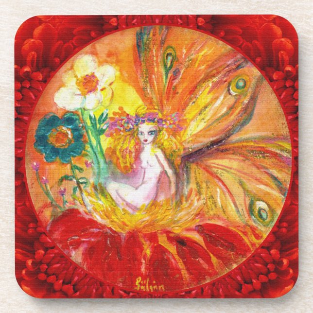 FAIRY OF THE FLOWERS Red Yellow Fantasy Coaster (Front)