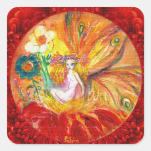 FAIRY OF THE FLOWERS Red Yellow Fantasy Square Sticker
