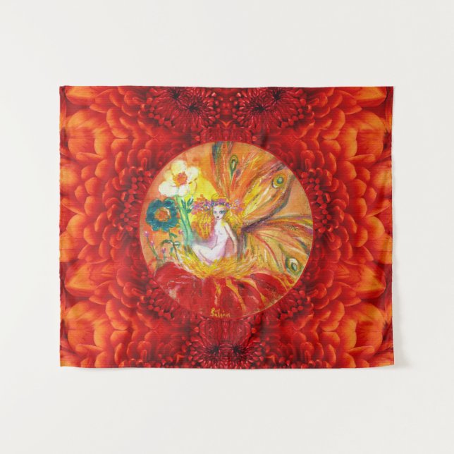 FAIRY OF THE FLOWERS Red Yellow Fantasy Tapestry (Front (Horizontal))