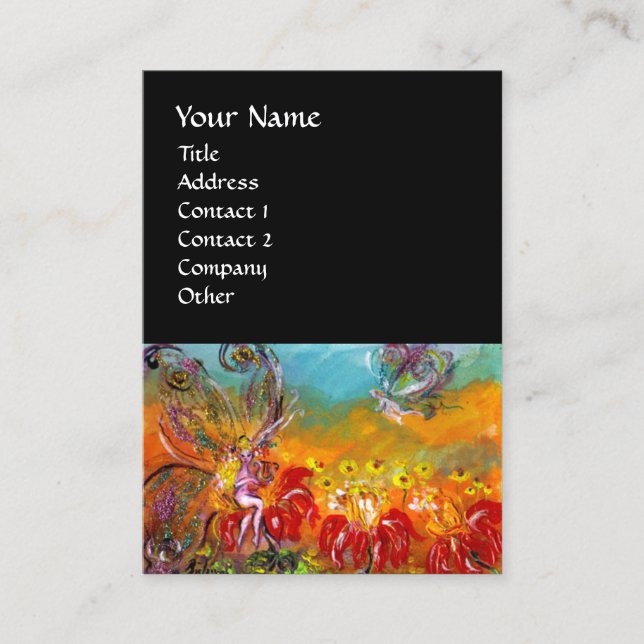 FAIRY OF THE RED FLOWERS Floral Fantasy Black Business Card (Front)