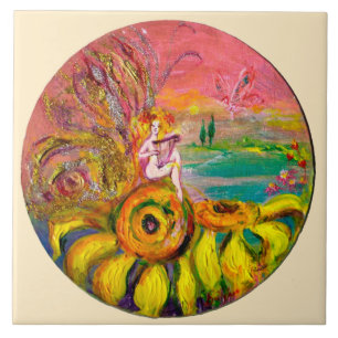 FAIRY OF THE SUNFLOWERS yellow pink ivory Ceramic Tile