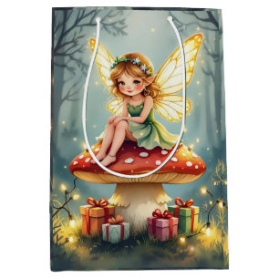 Fairy on a Mushroom in Enchanted Forest Christmas Medium Gift Bag