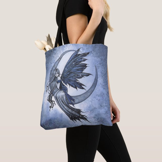 Fairy on Crescent Moon Fantasy Art Tote Bag (Close Up)