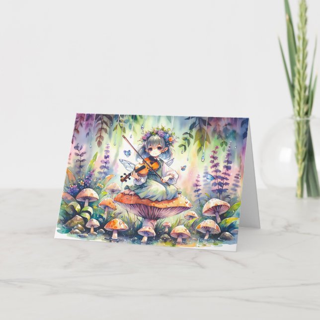 Fairy Playing Viola on a Mushroom Magical Birthday Card (Front)