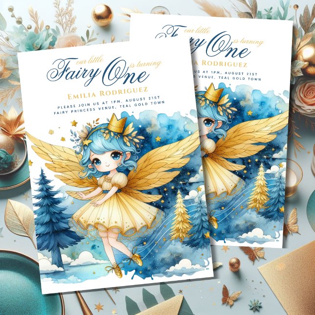 Fairy Princess 1st Birthday or EDIT AGE Teal Gold Invitation (Creator Uploaded)