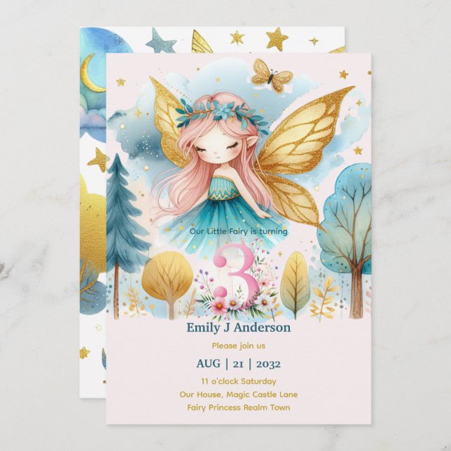 Fairy Princess 3RD Birthday THREE Pink Fairycore Invitation (Front/Back)