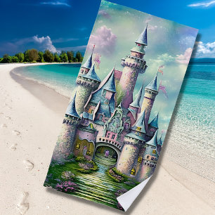 Fairy Princess Castle Mauve Pink Green Beach Towel