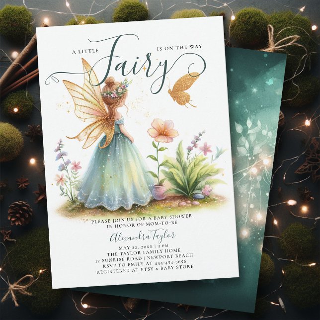 Fairy Princess Enchanted Emerald Baby Girl Shower Invitation (a little fairy girl baby shower invitation enchanted forest garden butterfly princess emerald gold)