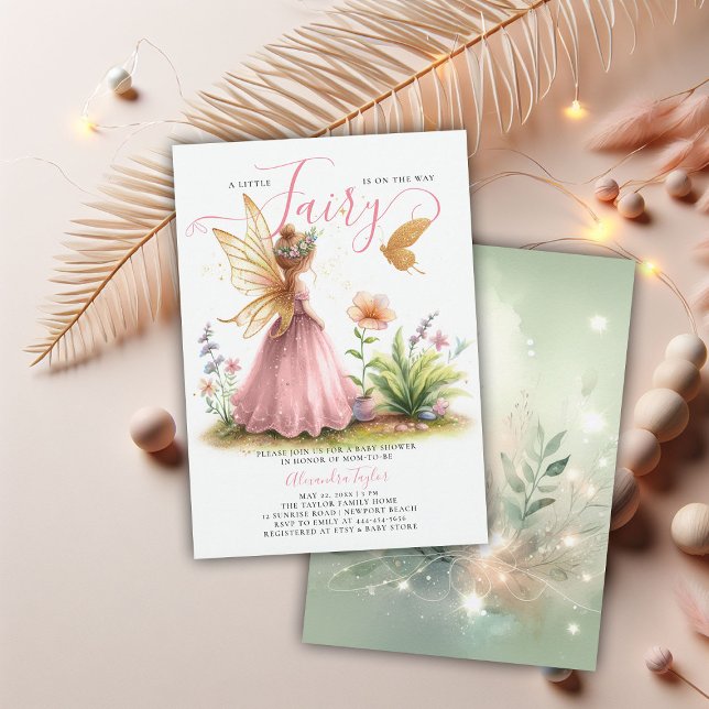 Fairy Princess Enchanted Pink Baby Girl Shower Invitation (fairy princess baby girl shower invitation pink elegant cute watercolor enchanted garden forest)