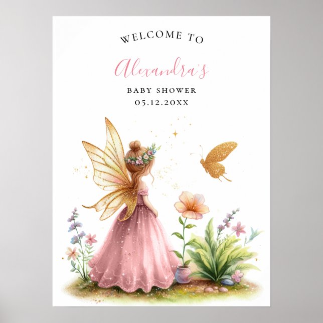 Fairy Princess Enchanted Pink Baby Girl Shower Poster (Front)