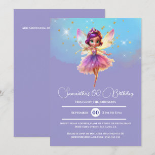 Fairy princess girls purple pink birthday party  invitation