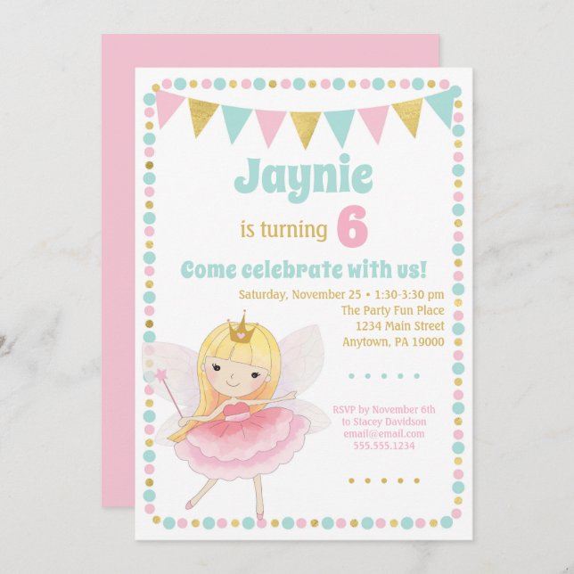 Fairy Princess Invitation Blonde Birthday Party (Front/Back)