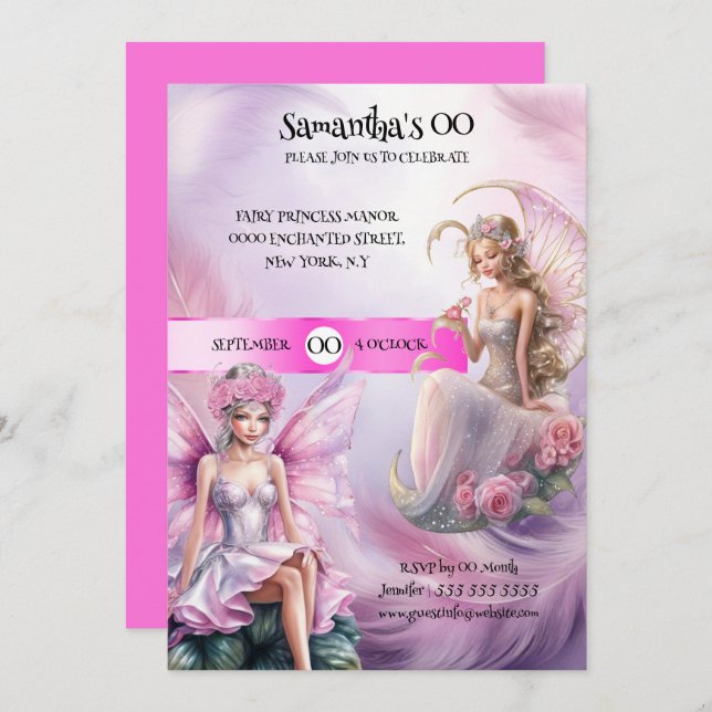 Fairy princess mythical pink fairytale theme girls invitation (Front/Back)