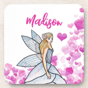 Fairy Princess Pink Hearts Fashion Illustration Coaster