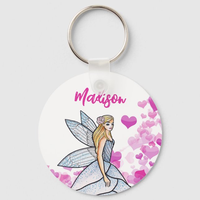 Fairy Princess Pink Hearts Fashion Illustration Key Ring (Front)