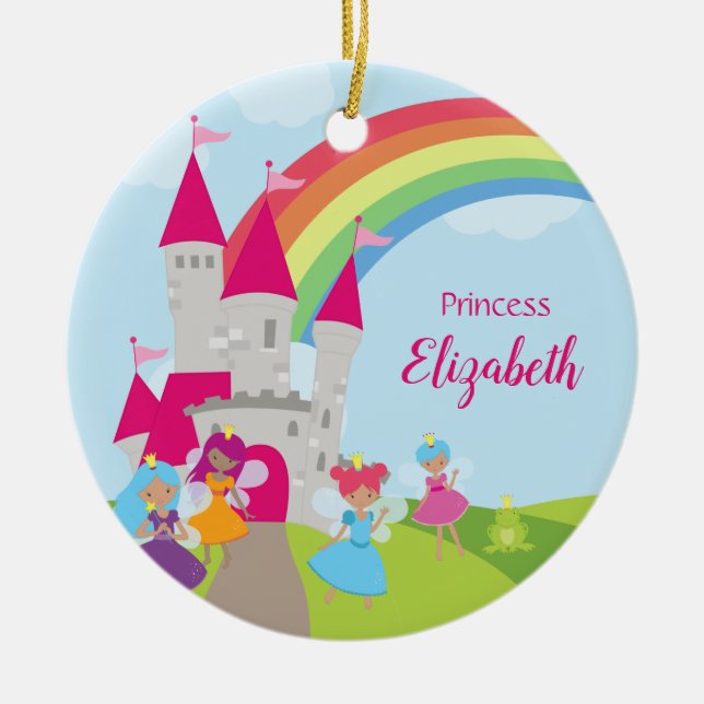 Fairy Princess Rainbow and Castle Girl Christmas Ceramic Ornament (Front)